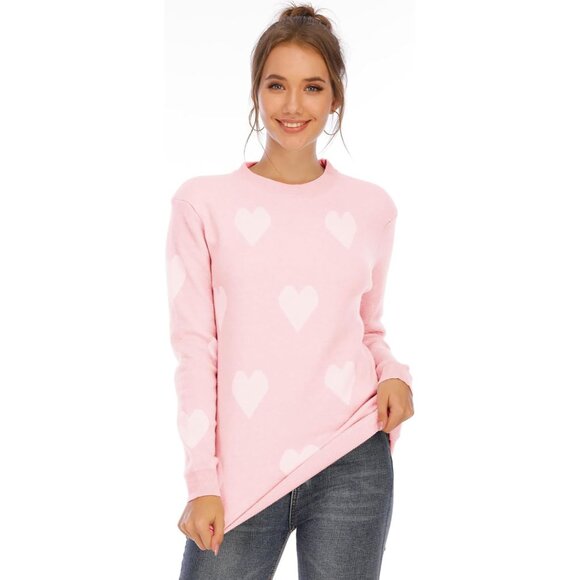 Women's Knit Sweater Long Sleeve Crew Neck Multi-Heart Casual Pullover